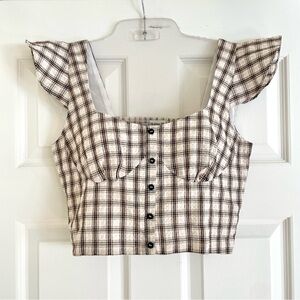 Hurley Plaid Flutter Sleeve Crop Top